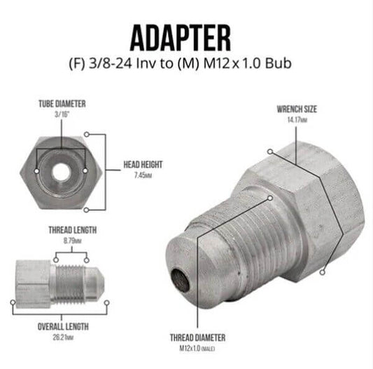 3/16" Tube adapter 3/8-24 inverted flare (F) to 12 x1.0 Bubble flare (M), Stainless