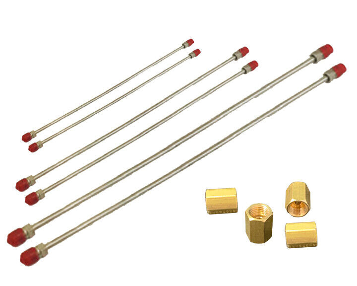 3/16" SS brake line set (6) Lines- 3/8-24 SS Tube Nuts - brass unions- SS clamps