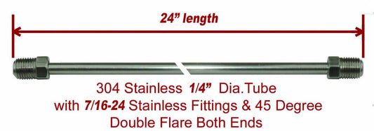 1/4" x 24" Stainless Steel Brake Line 7/16-24 Tube Nuts 45 Degree inverted Flare