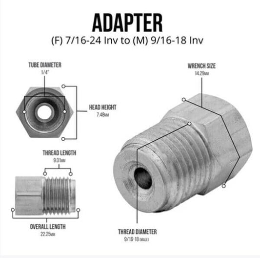 9/16-18 Male x 7/16-24 Female Inverted Flare Master Cylinder Adapter, Stainless