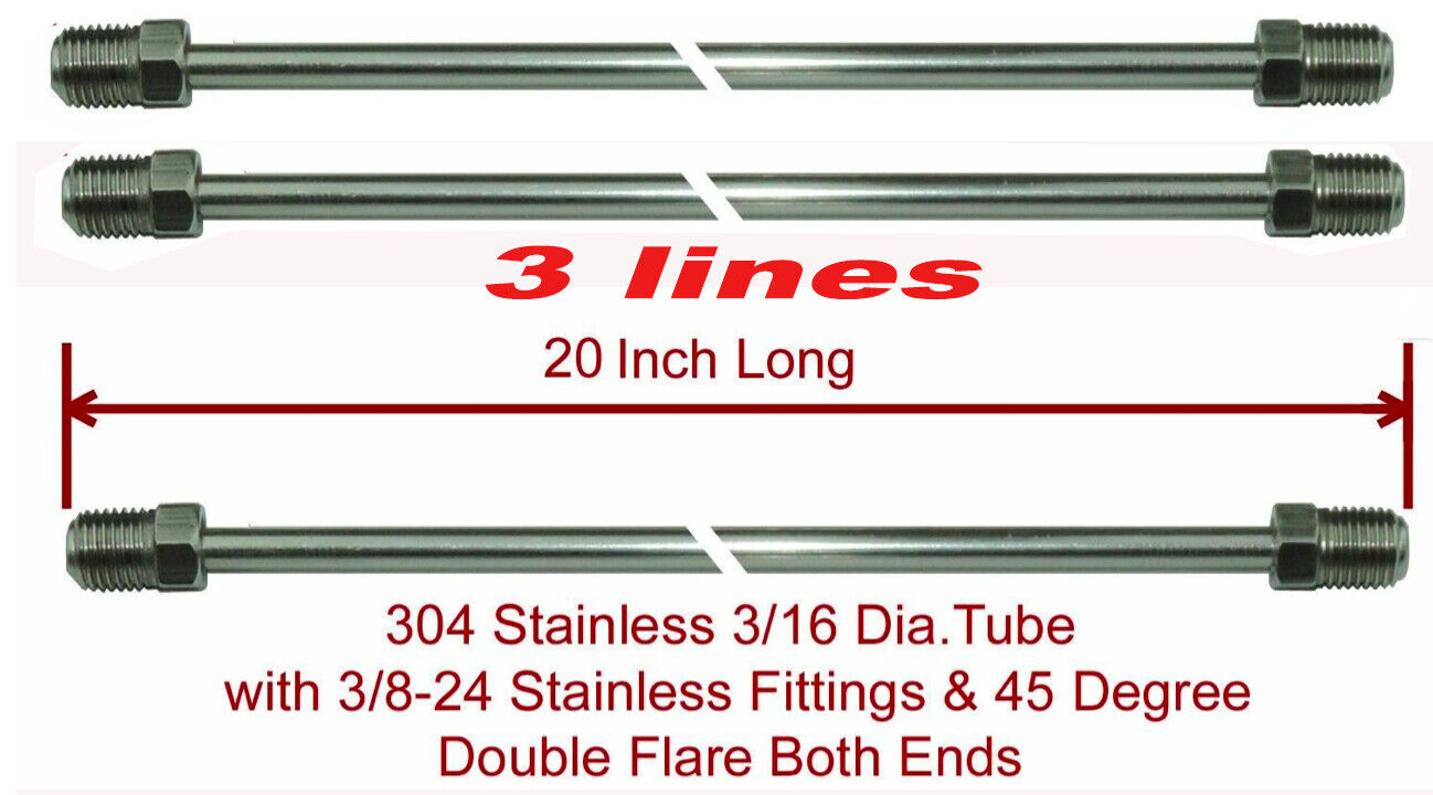 3/16" SS Brake Lines 20" (3pcs) - SS 3/8-24 fittings - 24pc SS clamp set- unions