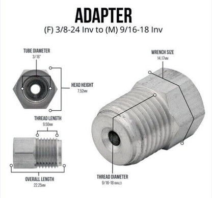 3/16" Tube line adapter 9/16-18 male 3/8-24 female, Stainless Steel adapter