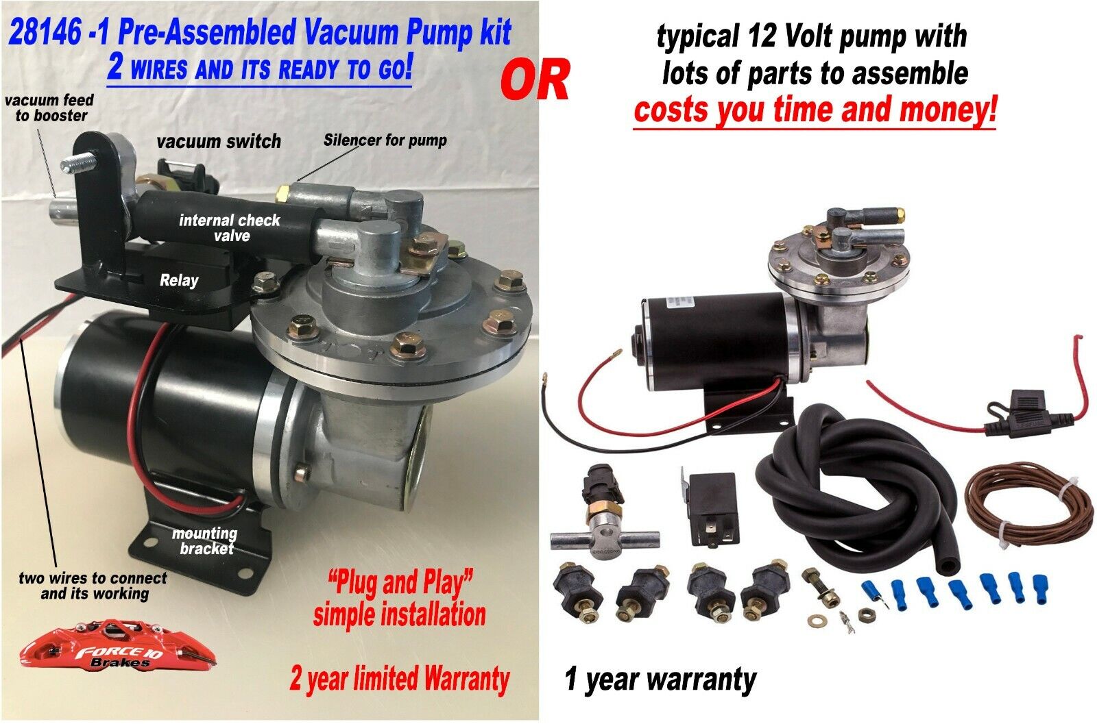 Brake Booster Vacuum Pump Deluxe Kit assembled  "Plug & Play" 18-25 inches