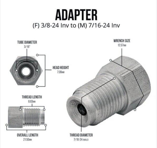 Master Cylinder Brake Line Adapter 7/16-24 Male x 3/8-24 Female Inverted Flare