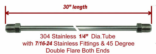 1/4" x 30" Stainless Steel Brake Line  7/16-24 Tube Nuts 45 Degree inverted Flare