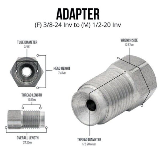 1/2-20 Male x 3/8-24 Female Inverted Flare Stainless MC Brake Line Adapter