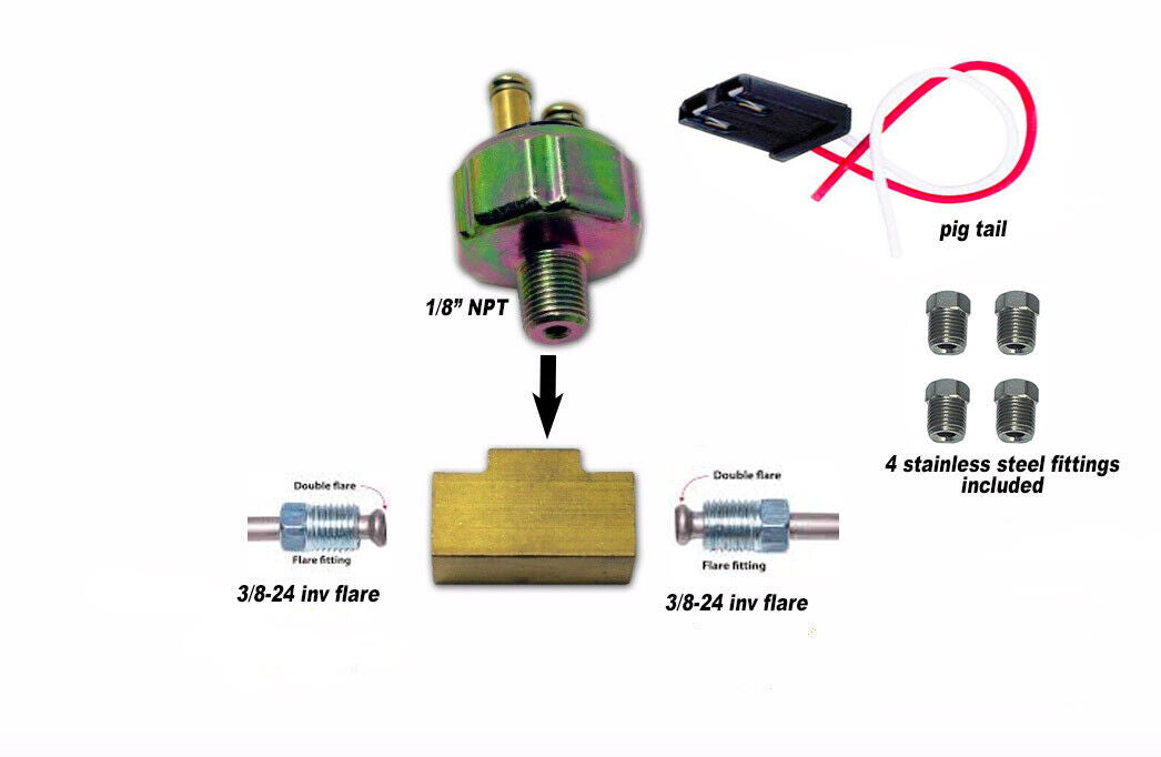 Low Pressure Brake Light Switch & Brass Tee Street Hot Rod - pig tail - fittings