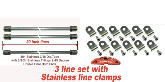 3/16" All Stainless  Brake Line 20" 3/8-24 Tube Nuts - Stainless clamp set 24 piece