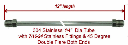 1/4" x 12" Stainless Steel Brake Line  7/16-24 Tube Nuts 45 Degree inverted Flare