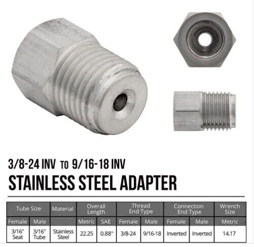 3/16" Tube line adapter 9/16-18 male 3/8-24 female, Stainless Steel adapter