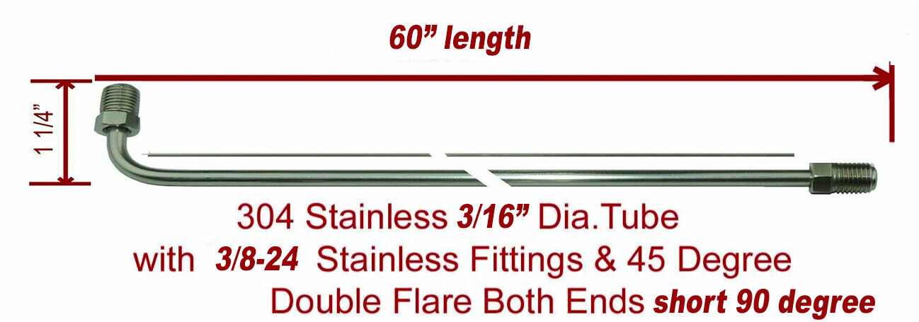 3/16" x 60" STAINLESS STEEL Brake Line 90 Degree Bend Flared 3/8-24 Tube Nuts