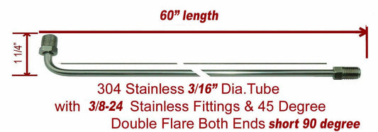 3/16" x 60" STAINLESS STEEL Brake Line 90 Degree Bend Flared 3/8-24 Tube Nuts