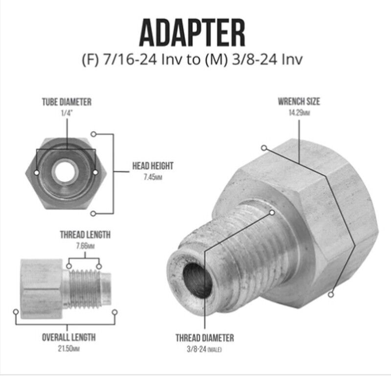 3/8-24 Male x 7/16-24 Female Inverted Flare Adapter for M/Cyl., Stainless Steel