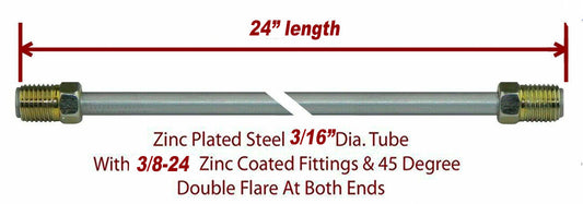 3/16" x 24" INCH STEEL Brake Line 3/8-24 Tube Nuts 45 Degree Inverted Flare