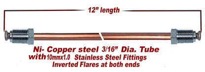 3/16 Brake line Ni-Copper 12" length-Stainless 10mx1.0 fittings Inverted flare