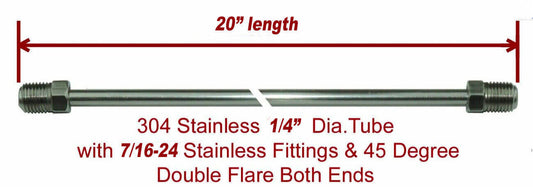 1/4" x 20" Stainless Steel Brake Line 7/16-24 Tube Nuts 45 Degree inverted Flare