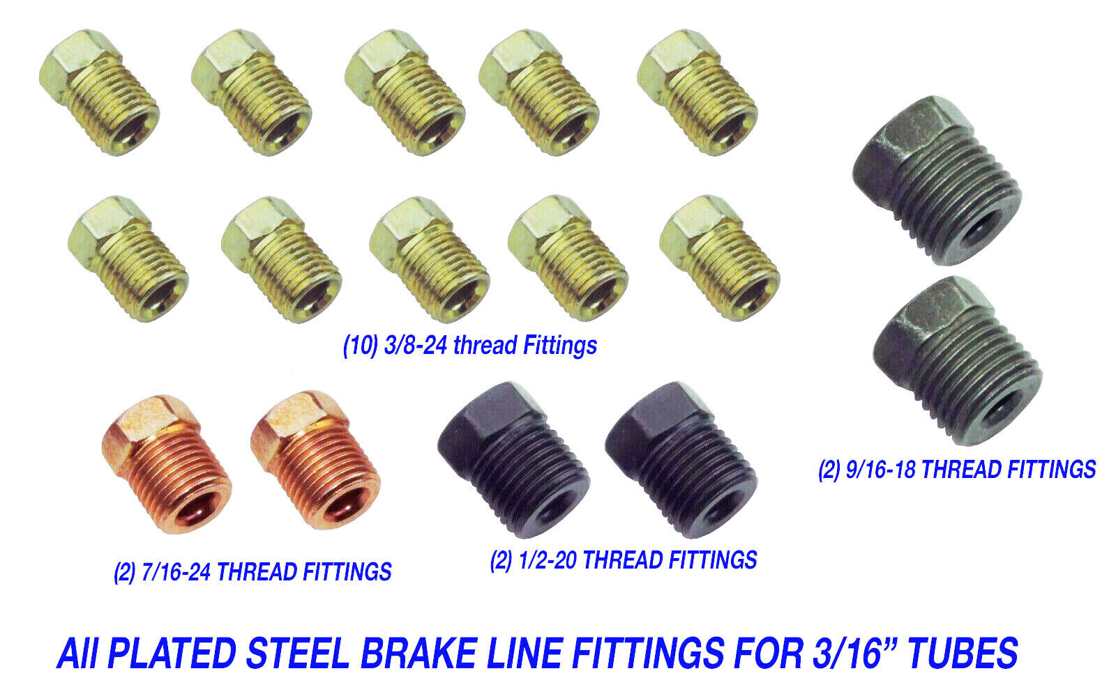 3/16 Tube Inverted Flare Steel Brake Line Fittings Set 16 pcs.