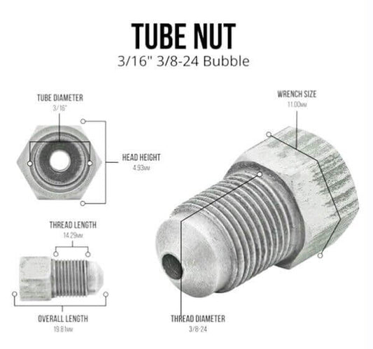 3/16" Tube adaptor 3/8-24 Thread(Female) to 3/8-24 bubble flare (Male) Stainless