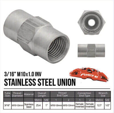 3/16" Brake line Stainless Union 10mmx1.0 thread,  inverted flare, 2 pcs.