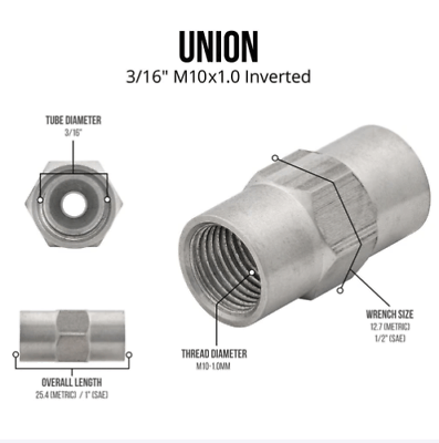 3/16" Brake line Stainless Union 10mmx1.0 thread,  inverted flare, 2 pcs.