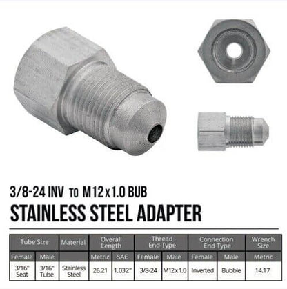 3/16" Metric Tube adaptor 3/8-24 inverted flare(F) to 12mm x 1.0 bubble flare(M)