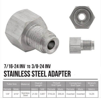 3/8-24 Male x 7/16-24 Female Inverted Flare Adapter for M/Cyl., Stainless Steel