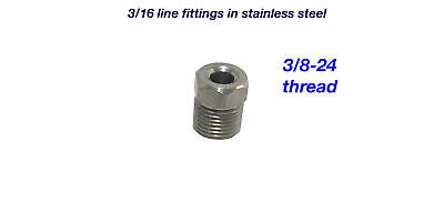 Stainless brake line union, 3/16 line, 3/8-24 thread, inverted flare. 2 pcs Stainless brake line union, 3/16 line, 3/8-24 thread, inverted flare. 2 pcs